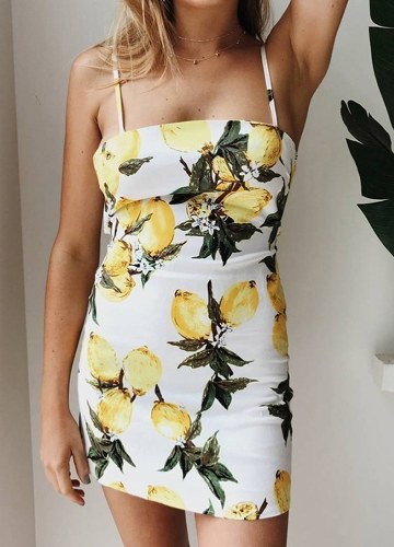 

Women Summer Floral Dress Leaves Print Spaghetti Strap Sundress