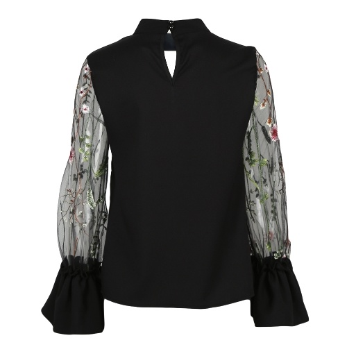 

Женщины Sheer Mesh Цветочная вышивка Блуза Колье Летняя рубашка Streetwear