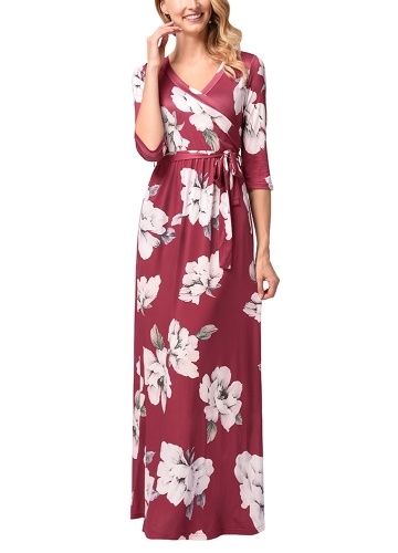 

Women Boho Floral Maxi Dress Cross Front Half Sleeves Belt Long Dress