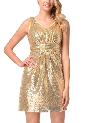 

Женщины Gold Shining Sequined Sleeveless Dress Элегантное свадебное платье V-образным вырезом