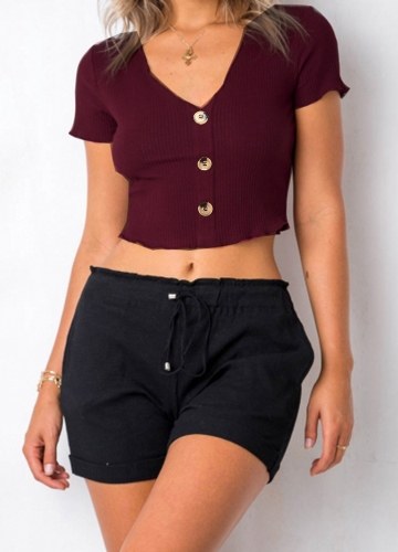 

Women Knitted Cropped Top Ribbed Short Sleeves Buttons Front Casual Tops Blouse