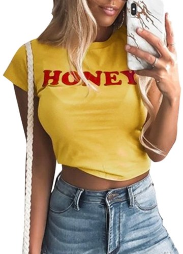 

Women Crop Top Honey Letter Print Casual Slim Short T-shirt Tees