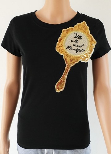 

Women T-Shirt Mirror Sequines Embroidery Summer Tees Tops