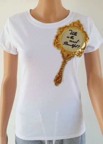 

Women T-Shirt Mirror Sequines Embroidery Summer Tees Tops