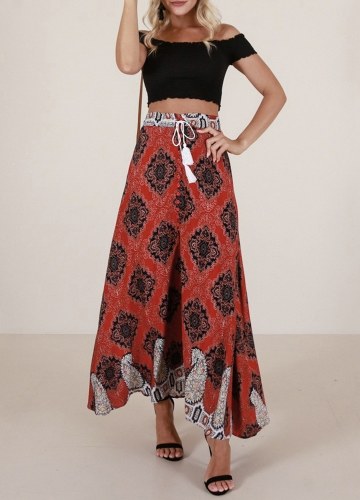 

Женщины Tassel Print Длинные юбки кнопки связать Boho Beach Maxi юбки