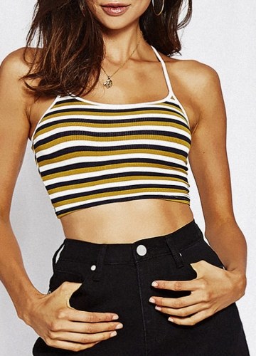 

Women Cropped Camisole Top Contrast Stripes Sleeveless Open Back Bustier Club Wear