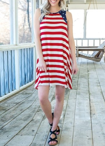

Striped American Flag Print Skirt O Neck Sleeveless Mini Tank Dress