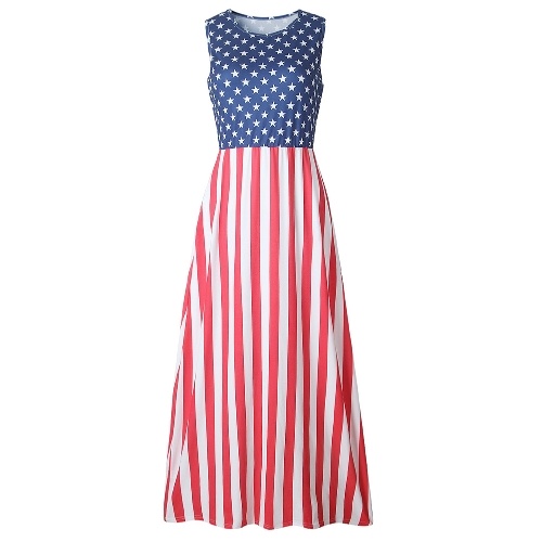 

Casual Stars and Stripes Sleeveless Dress Elastic Waist Side Pockets Tank Maxi Dress