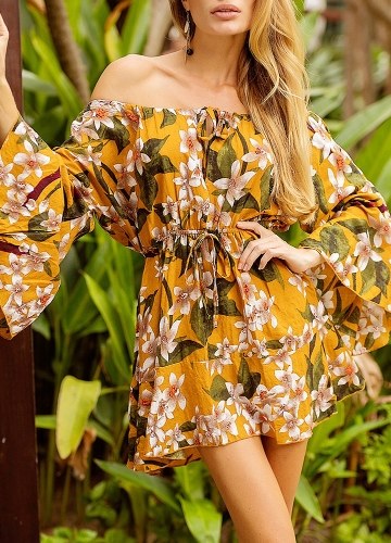 

Vintage Off the Shoulder Floral Elastic Waist Skirt Flare Sleeve Drawstring Mini Dress