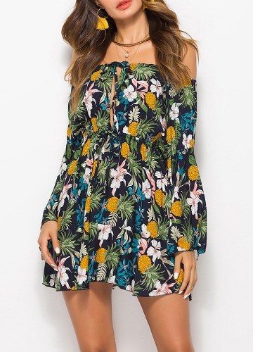 

Vintage Off the Shoulder Floral Elastic Waist Skirt Flare Sleeve Drawstring Mini Dress