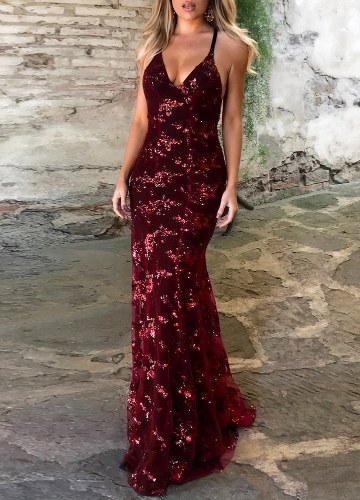 

Sequined Backless Bodycon V Neck Strappy Maxi Dress