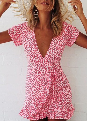 

Бохо с коротким рукавом Цветочные глубокие V шеи юбки Ruffles Hemline Summer Beach Mini Dress