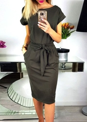 

Boat Neck Short Sleeve Office Tie Belt Skirt Knee Length Midi Pencil Dress