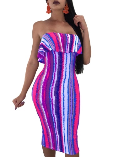 

Party Strapless Colorful Stripes Ruffled Skirt Slim Sleeveless Bodycon Midi Dress