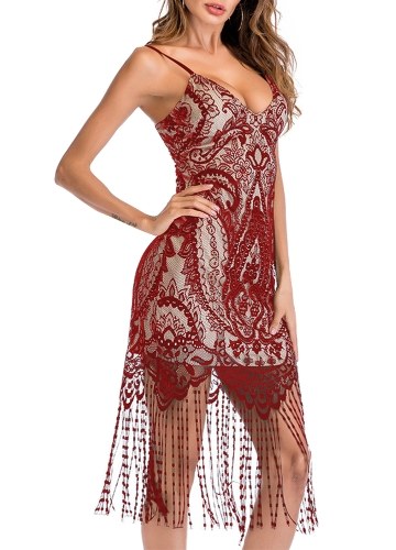 

Кружева Tassel Hem Глубокая юбка V-образным вырезом без рукавов Strappy Mini Dress