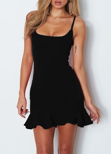 

Women Slip Dress Deep V Neck Spaghetti Straps Ruffles Hem Elastic Back Sleeveless Mini Dress