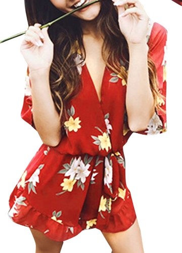 

Новые сексуальные женские шифоновые ромперы Цветочная печать V Шея Flare Sleeve Elastic Waist Jumpsuit Playsuit Orange