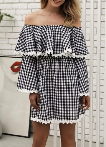 

Women Off the Shoulder Dress Plaid Print Bell Sleeves Slash Neck High Waist Ruffles Mini Dress