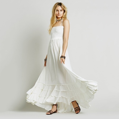 

Women Boho Maxi Dress Halter Bandage Backless Solid Pleated Bohemian Beach Holiday Long Dress