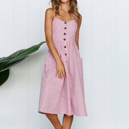 

Women Skater Dress Spaghetti Straps Sleeveless High Waist Buttons Pockets A-Line Cami Midi Dress