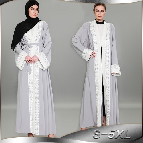 Women Middle East Maxi Dress Robe Lace Splice Open Front Long Sleeve Dress