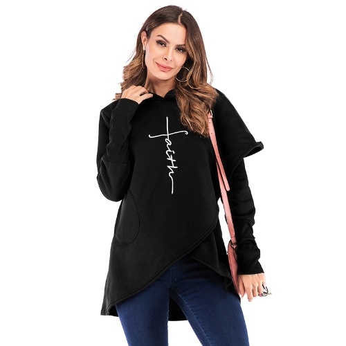 

Fashion Women Hoodie Faith Letter Print Asymmetric Casual Loose Coat Pullover Sweatshirts Hooded Tops