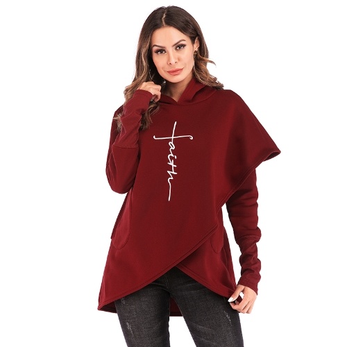 

Fashion Women Hoodie Faith Letter Print Asymmetric Casual Loose Coat Pullover Sweatshirts Hooded Tops