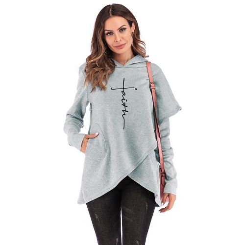 

Fashion Women Hoodie Faith Letter Print Asymmetric Casual Loose Coat Pullover Sweatshirts Hooded Tops