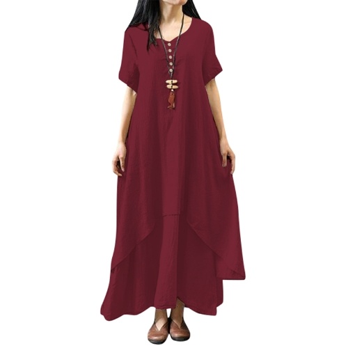 

New Fashion Women Casual Loose Dress Solid Color Short Sleeve Boho Summer Long Maxi Dress