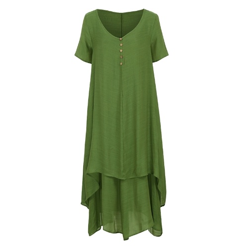 

New Fashion Women Casual Loose Dress Solid Color Short Sleeve Boho Summer Long Maxi Dress