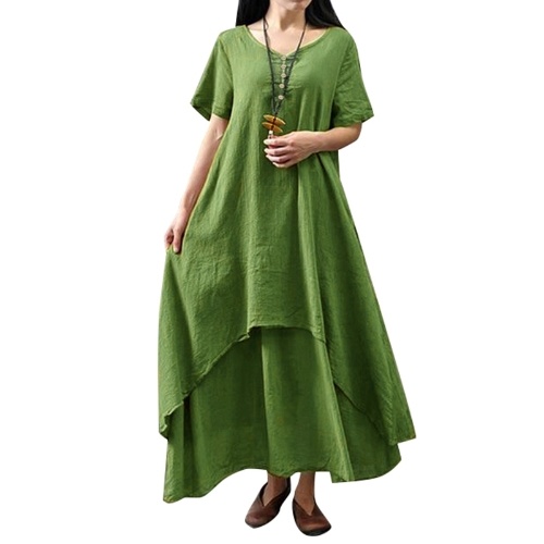 

New Fashion Women Casual Loose Dress Solid Color Short Sleeve Boho Summer Long Maxi Dress