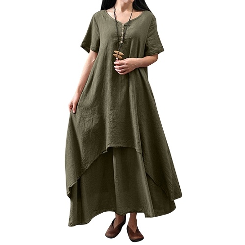 

New Fashion Women Casual Loose Dress Solid Color Short Sleeve Boho Summer Long Maxi Dress