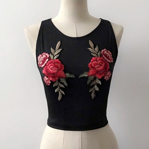 Sexy Women Bodycon Crop Top Vest Floral Embroidery O-Neck Sleeveless Casual Short Slim Blouse Black/White