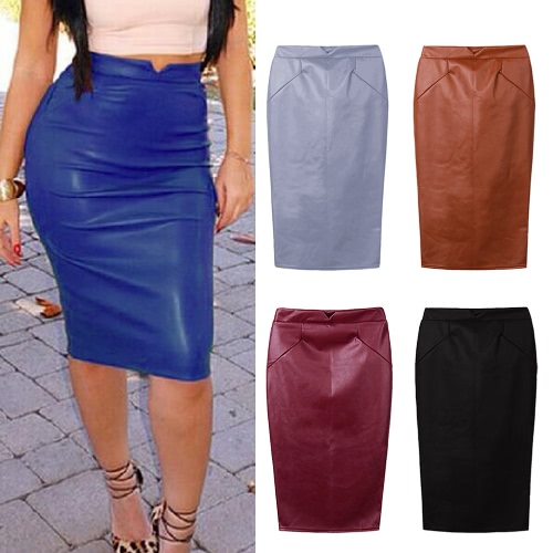

Europe Sexy Women Skirt PU Leather Solid Color Midi Pencil Skirts OL Casual Slim Clubwear