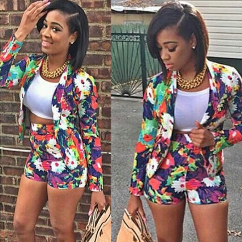 

Trendy Floral Print Long Sleeve Blazer Hot Shorts Two-Piece Set for Women
