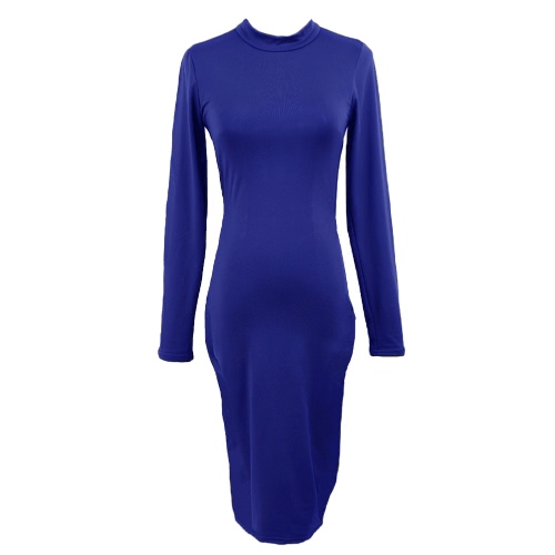 

Сексуальные женщины Midi спинки Ruched стенд воротник длинным рукавом Bodycon партии клуб повязку платье