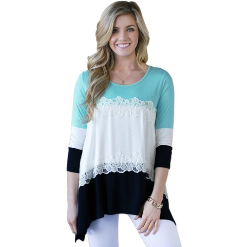 

Cute Color Block Lace Patchwork Irregular Hem 3/4 Sleeve Women T-shirt