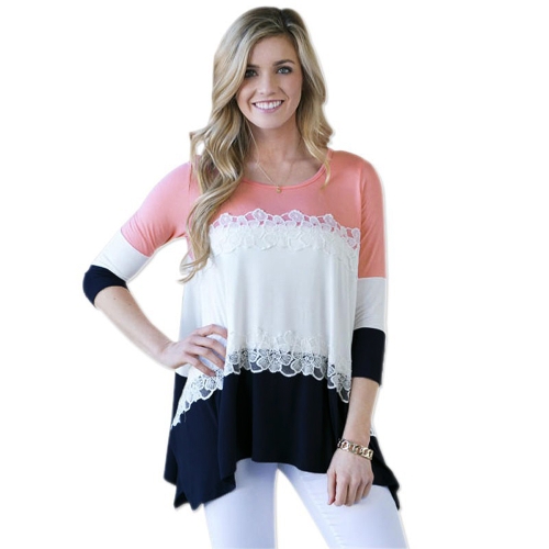 

Cute Color Block Lace Patchwork Irregular Hem 3/4 Sleeve Women T-shirt