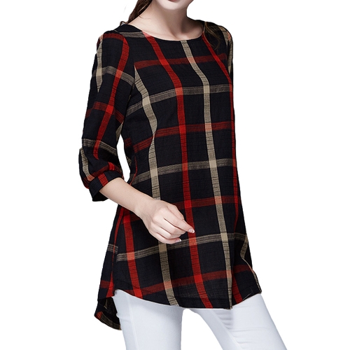 Moda donne signore camicetta stampa tartan O collo 3/4 Sleeve Plus Size Casual camicia Vintage sciolto Top Red