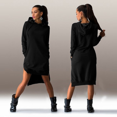 Nouveau mode femmes Sweatshirt robe Long Hoodie manches poches passer haut de robe pull décontracté