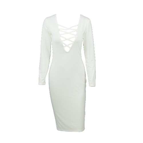 

New Fashion Women Dress Plunge V Neckline Criss Cross Straps Front Long Sleeve Bodycon Fit Sexy Midi One-Piece