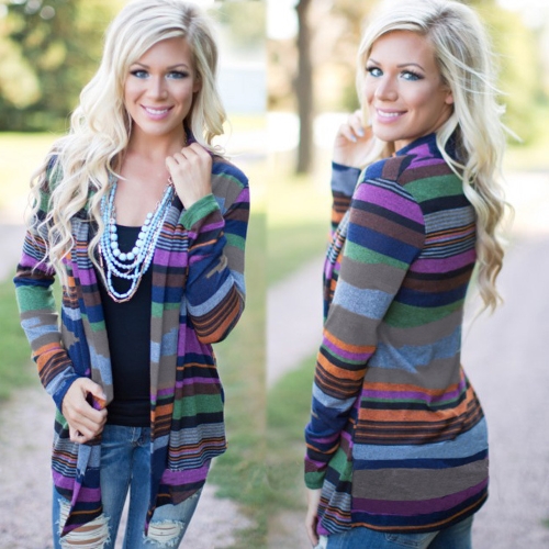 

New Women Cardigan Contrast Stripe Shawl Collar Long Sleeve Sweater Outerwear Jacket Coat Blazer Blue
