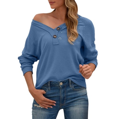 

Women Long Sleeve T-Shirt Waffle Knit Tops Hollow out V-Neck Batwing