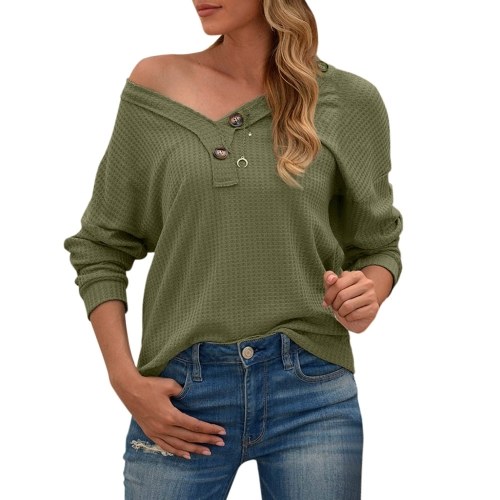 

Women Long Sleeve T-Shirt Waffle Knit Tops Hollow out V-Neck Batwing