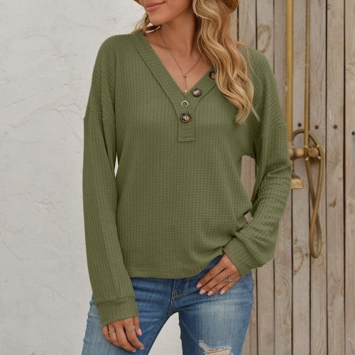 

Women Long Sleeve T-Shirt Waffle Knit Tops Hollow out V-Neck Batwing