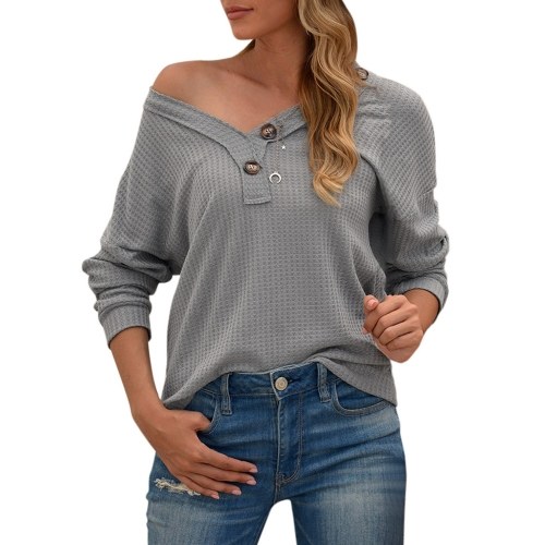 

Women Long Sleeve T-Shirt Waffle Knit Tops Hollow out V-Neck Batwing
