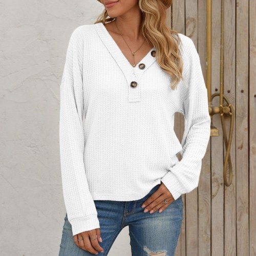 

Women Long Sleeve T-Shirt Waffle Knit Tops Hollow out V-Neck Batwing