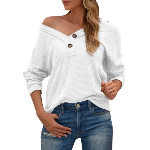 

Women Long Sleeve T-Shirt Waffle Knit Tops Hollow out V-Neck Batwing