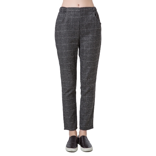 

Casual Women Harem Pants with Plaid Tartan Elastic Waist Pockets Pants