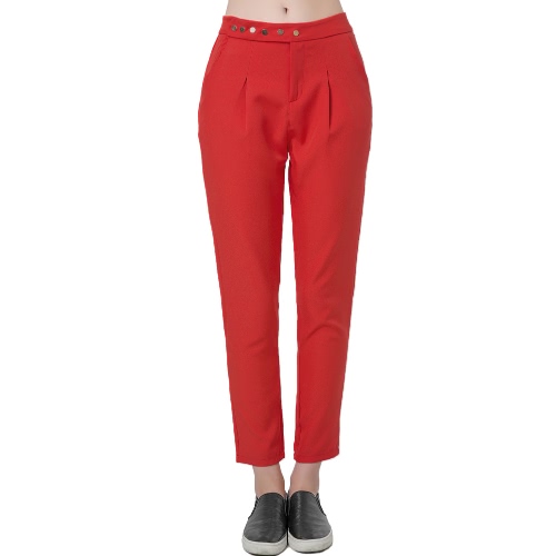 Nueva moda mujeres sólido pantalones pantalones sueltos de prensa Stud cierre inclinado bolsillo dama Causal rojo/negro